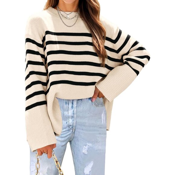 Sweaters - Womens Oversized Striped Sweater Knit Fall Long Sleeve Crew Neck Casual